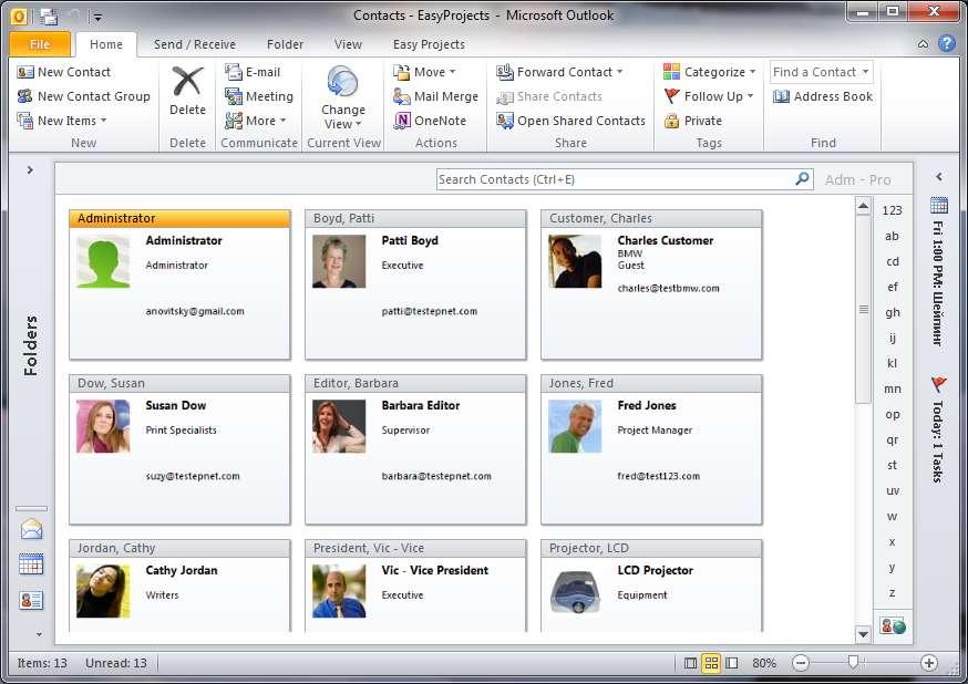 Contacts folder Contains a list of users from an Easy Projects account.