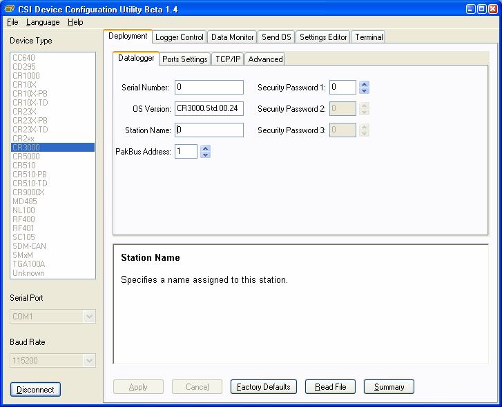 CR3000 Overview OV3.2 Deployment Tab OV3.2.1 Datalogger The Deployment Tab allows the user to configure the datalogger prior to deploying it. Serial Number displays the CR3000 serial number.
