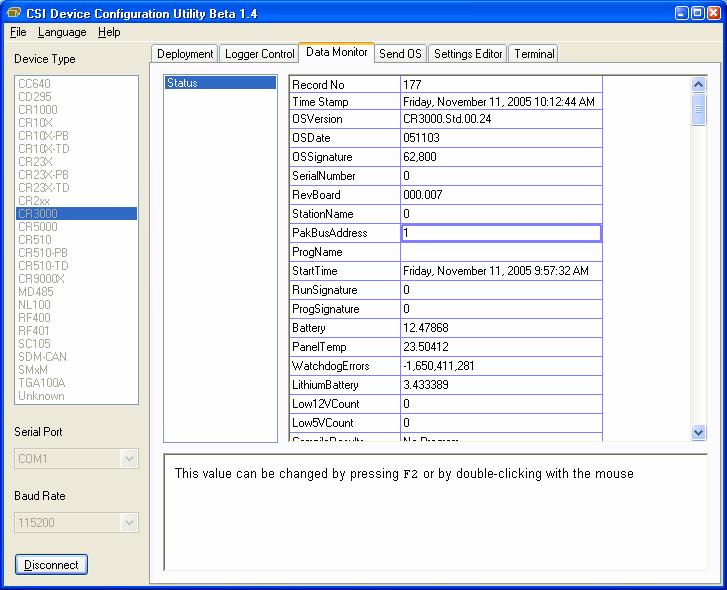 CR3000 Overview OV3.4 Data Monitor Tab The Data Monitor tab shows the latest record in the tables stored in the CR3000. OV3.5 Send OS Tab - Downloading an Operating System DevConfig can send operating systems to all Campbell Scientific devices with flash replaceable operating systems.