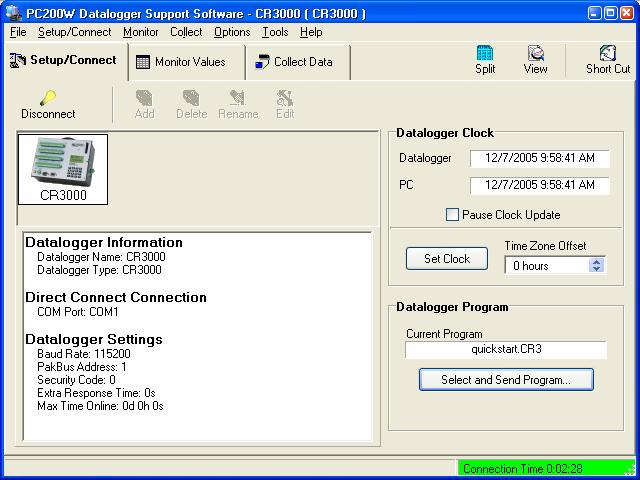 CR3000 Overview OV4.4.2 Configuring the Setup Tab From the Setup/Connect screen, click on the Connect button to establish communications with the CR3000.