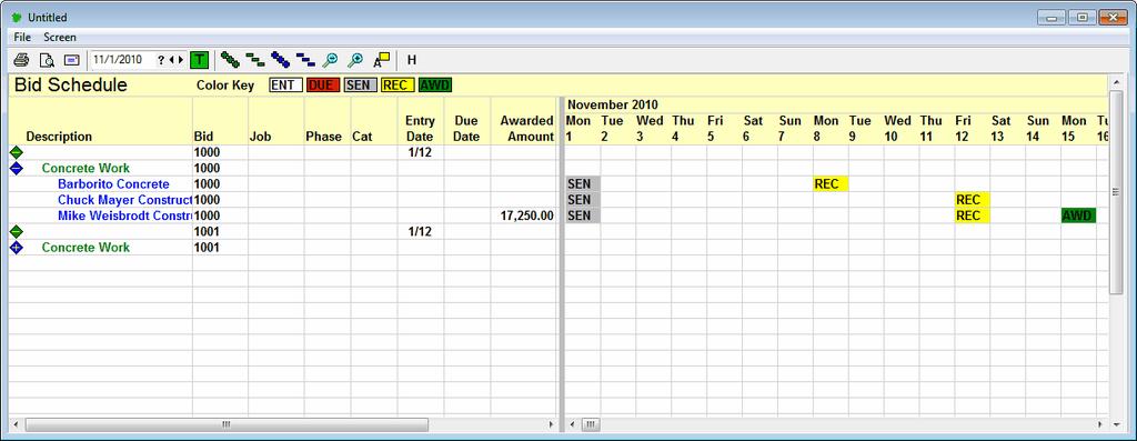 Bid Day 4.5 119 Viewing the Bid Schedule The Bid Schedule allows you to review all activities for a bid in a Gantt chart-like format. Select Bid Day / Bid Schedule.
