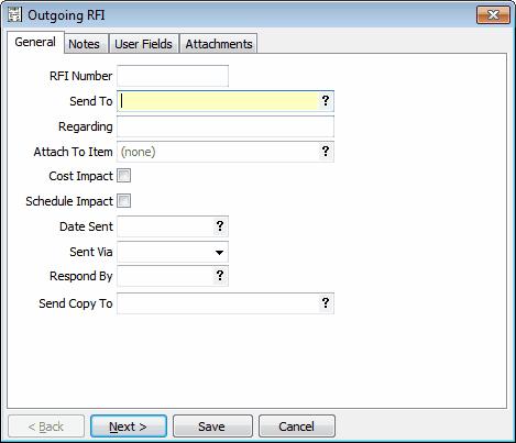 Document Control 1.1.2.2 15 Creating Requests for Information To create an outgoing RFI: Click Message in the menu bar at the top of the screen and select New Outgoing RFI.