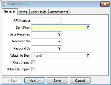 Document Control 17 General Tab RFI Number Enter the number you want to use for this RFI. If you selected that option when setting up this job, your RFI's will automatically number.