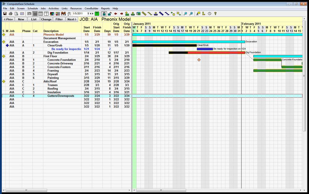 60 Project Management Tools A green bar indicates an activity s original schedule. A red bar indicates that the activity s current schedule differs from the original.