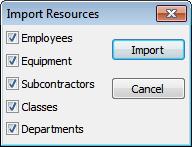 There are four types of resources: Employees, Equipment, Subcontractors, and Crews. Employees, Equipment, and Subcontractors can be imported from ComputerEase.