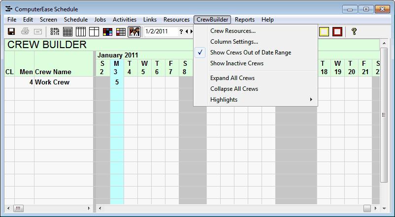 78 Project Management Tools Display Options Show Crews Out Of Range This option will list all crews in the left hand column even if they are not active for the date range displayed on the screen.
