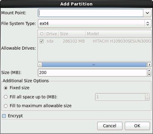 Install Oracle Linux 6.6 OS Manually Using Local or Remote Media The Add Partition dialog appears. c.
