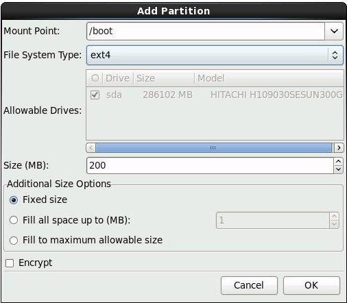 Install Oracle Linux 6.6 OS Manually Using Local or Remote Media Here is the updated Add Partition dialog. d. Click OK. The partition is created. e.
