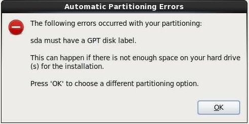 Install Oracle Linux 6.6 OS Manually Using Local or Remote Media 20. If there is a problem with the data format on the installation target disk, the Automatic Partitioning Errors screen appears.