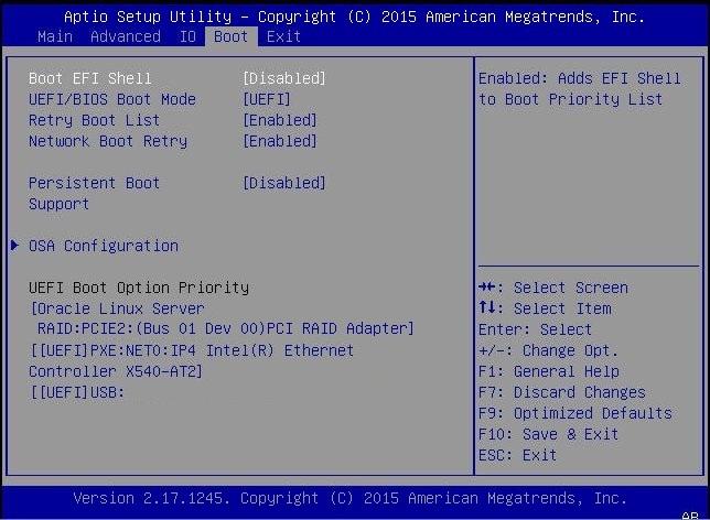 Install Oracle Linux 7.1 OS Manually Using Local or Remote Media a. In the BIOS Setup Utility screen shown below, verify that [Oracle Linux Server (RAID: PCIE2: (.