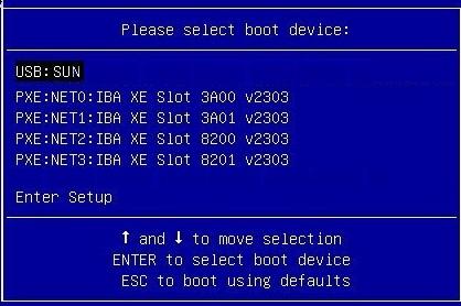 Install RHEL 6.6 or 7.1 Using PXE Network Boot [Boot Pop Up Menu Selected] appears at the bottom of the BIOS screen, and then the Please Select Boot Device menu appears.