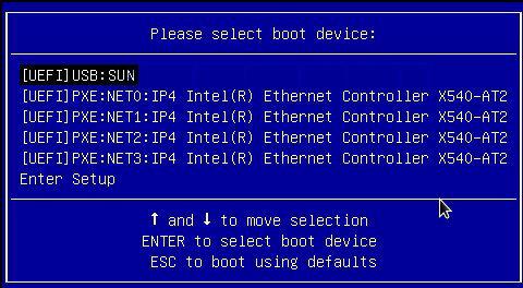 For Legacy BIOS Boot Mode, a screen similar to the following appears: For UEFI Boot Mode, a screen similar to the following appears: Note - The Please Select Boot Device menu