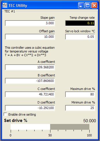 In the TEC Utility window type P heating into the Maximum drive % and text field and press enter. Type P cooling into the Minimum drive % text field and press enter. Steps 6-9.