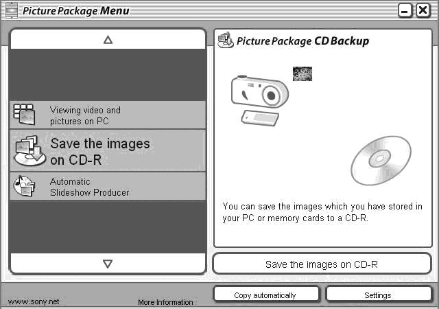 Using Picture Package Start up the [Picture Package Menu] on the desktop to use the various functions. The initial screen may differ depending on your computer.