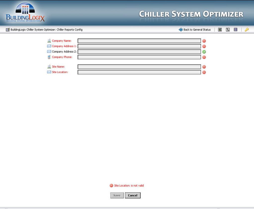 IV. Set up Chiller Reports Config. The Reports Config Set-up button allows the user to set up general information on the user s site.