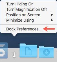preference pane by Right-clicking (Control-clicking) on the divider between the app and document sections of the Dock.