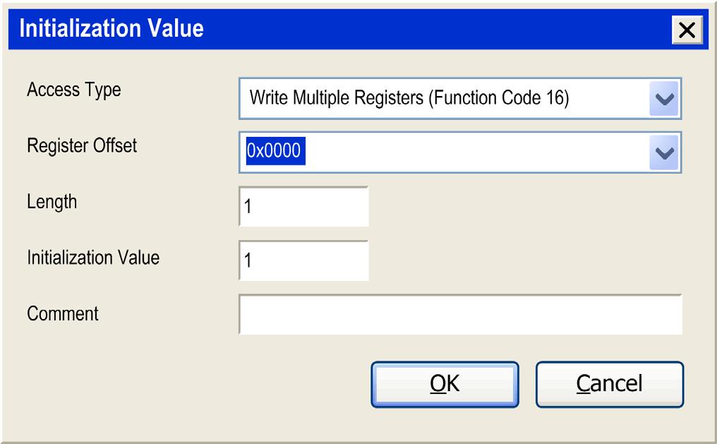 Modbus Serial Line Configuration Step Action 2 Click New to create a new initialization value: The Initialization Value window contains the following parameters: Access Type: Choose the exchange