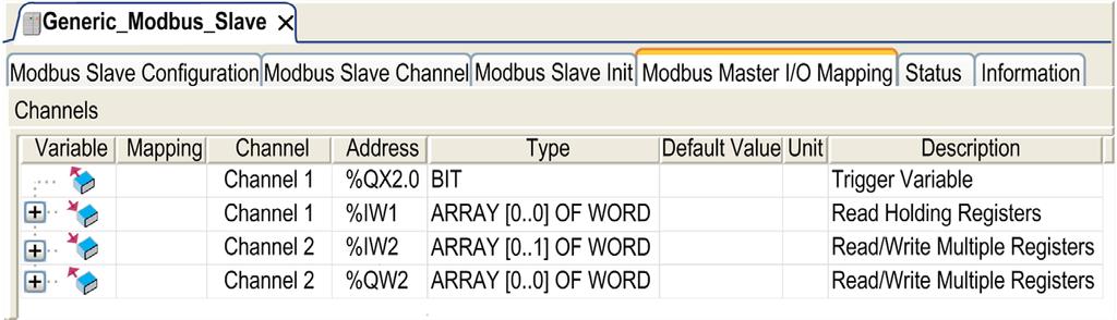 Modbus Serial Line Configuration To configure your Modbus Master I/O Mapping, proceed as follow: Step Action 1 Click the Modbus Master I/O Mapping tab: 2 Double-click in a cell of the Variable column