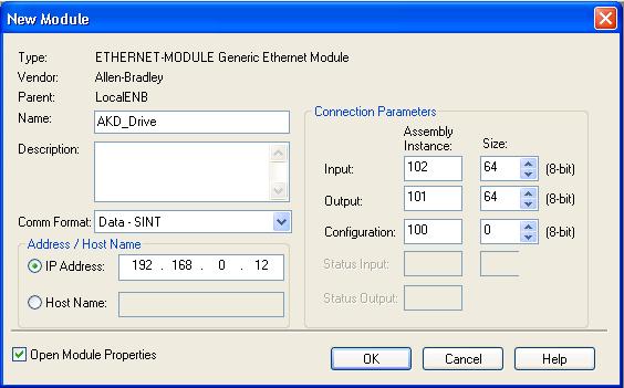 Ethernet IP with RSLogix 5 Adding AKD Support to a New or Existing Project Field Value Configuration Assembly Instance 100 Configuration Size 0 Table 5-1: Module Setting Values Figure 5-3: