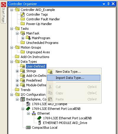 Ethernet IP with RSLogix 5 Adding AKD Support to a New or Existing Project Figure 5-6: Importing Data Types 2.