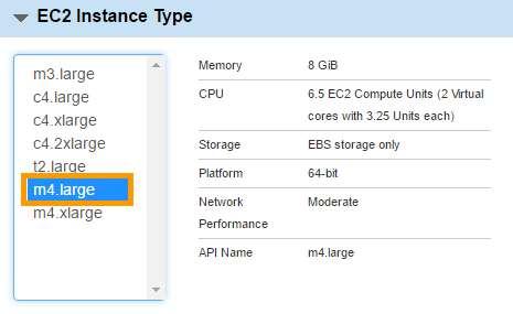 10. Choose m4.large EC2 Instance type. 11. Select default VPC and default Subnet.