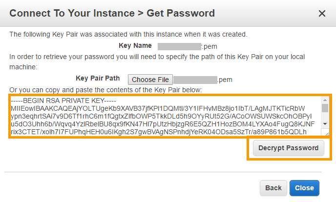 6. In the Connect To Your Instance > Get Password window, click on the Choose File button and browse for the file that has a.pem extension.