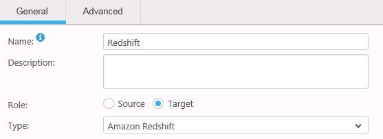 9. In the content section of the popup window, set the following properties for a new endpoint connection: Name: Redshift Role: Target Type: Amazon Redshift Expand the Amazon Redshift target