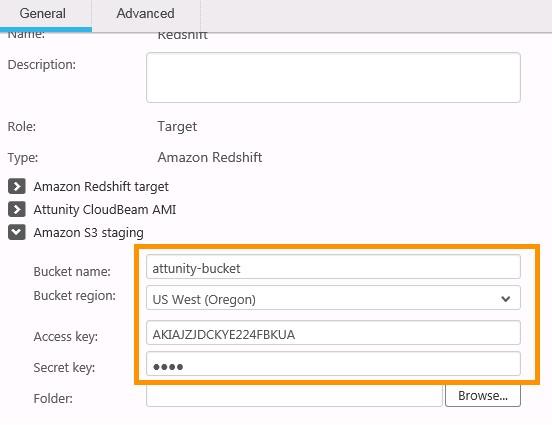 Expand the Amazon S3 staging section and set the following properties: Bucket Name: Type the name of the S3 bucket created in Section 4.