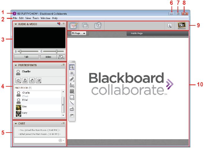 The Blackboard Collaborate Web Conferencing room consists of: 1) Title Bar 6) Minimize Panel 2) Menu Bar 7) Maximize Panel 3) Audio and Video Panel 8) Close Button 4) Participants Panel 9)