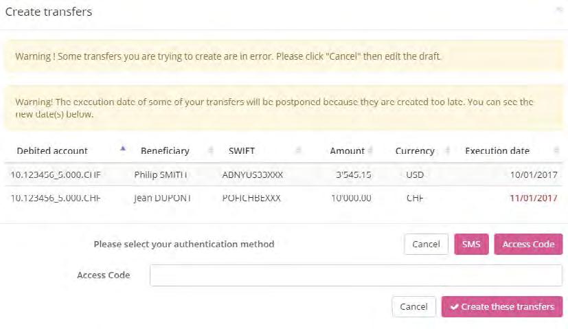 Create transfers from drafts 1. Select the check-boxes of the transfers to create or click on Select all at the bottom of the list to select all the transfers at once. 2.