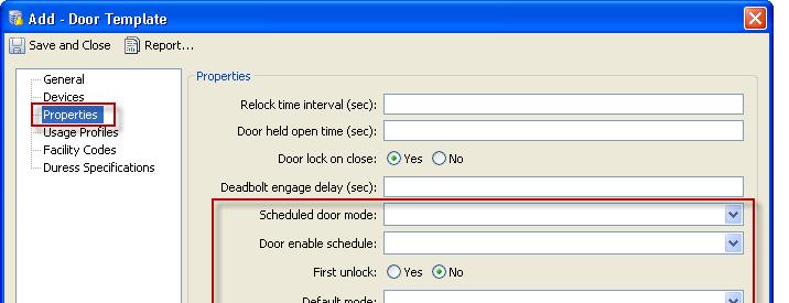 Configuring Door Templates Chapter 8 Step 6 To do this Define the door mode and schedule: a. Select the Properties tab. b. Default mode: select the default door mode.