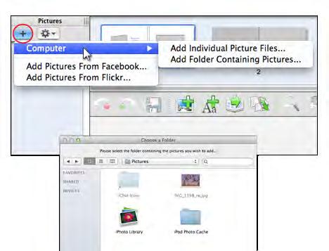 Copy pictures from CDs, USB drives and other media into this folder on your computer. Then use the + button to add the entire folder to your pictures tray.