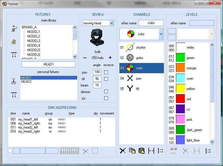 FIXTURE The FIXTURE screen is the window that assigns DMX addresses to the fixtures of a show, creates and edits new and existing fixture profiles, assigns group letters and 3D settings, and finally