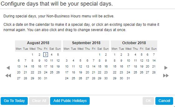 Configure any special one-off dates when your business will be closed. To do this, click on the button to bring up the calendar control, and select dates when you will be closed by clicking on them.