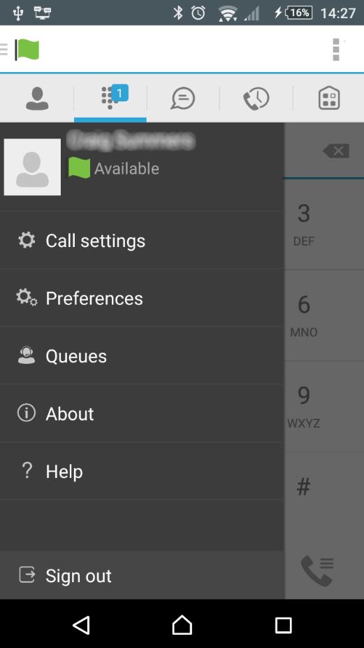 Side Navigation/Settings The Side Navigation bar is accessed by swiping from left to right on the main screen, and it contains the following items: My status Call Settings Preferences Queues (see