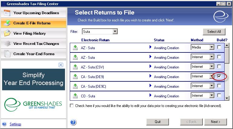 Year End State SUI Return The SUI (Suta) return is an internet file and is approved by all fifty states according to their specifications. Return to the Create E-Files Returns screen.