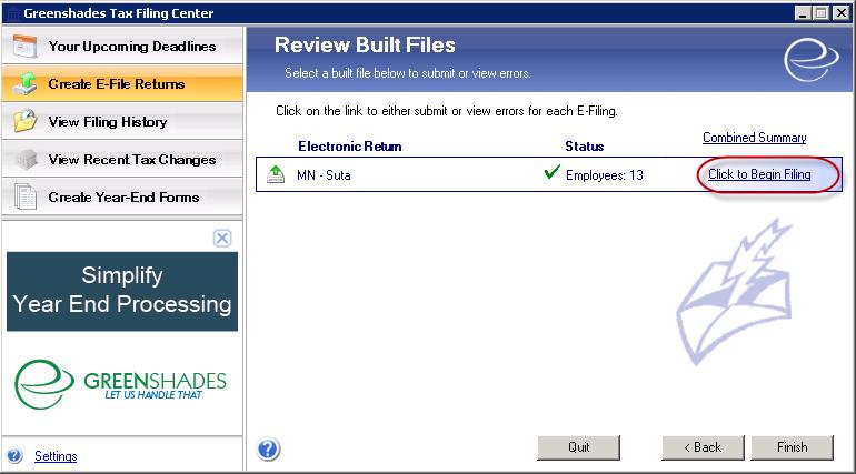 Select the Next button to build the SUI return. After building the file you are able to review the totals and determine if there are differences. Select the Click to Begin Filing link.