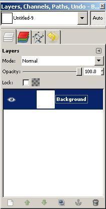 A new canvas displays in the GIMP document window, information about the new image displays in the Title Bar, and a layer named Background displays in the Layers