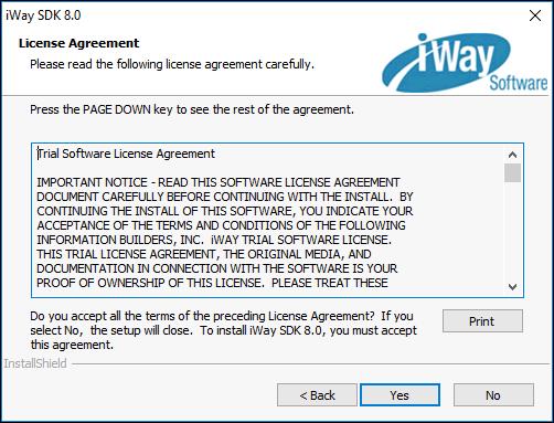 1. Installing the iway Software Development Kit The License Agreement window for the iway SDK opens, as shown in the following image. 3.