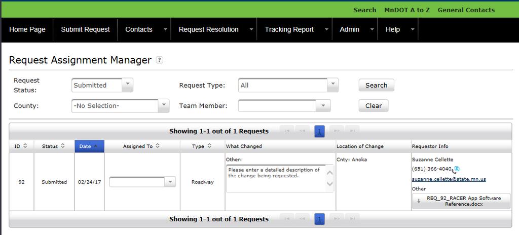 Request Assignment Manager Screen When selected the Request Assignment Manager opens, defaulting to display a search of all requests with a status of Submitted and no Team Member assigned.