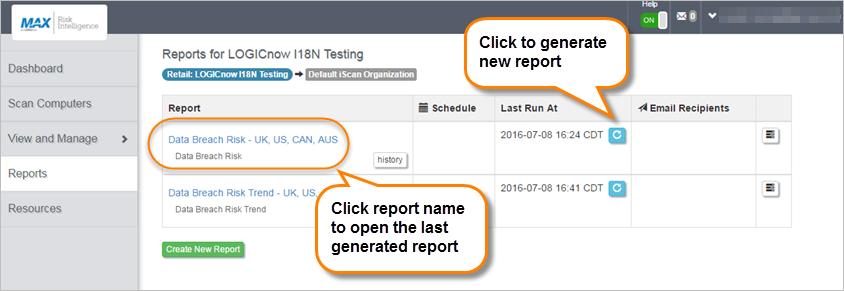 Click to open the Data Breach Risk report: Tip - Clicking on the report name opens the