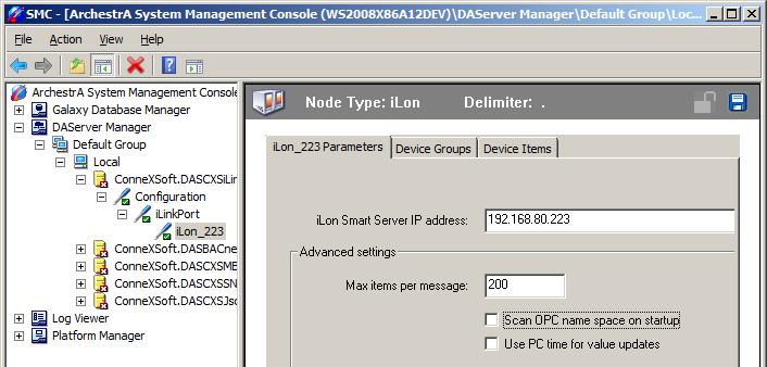 Save the ilon Device configuration Running the DA Server for the first time Let the Server run for a few minutes to allow the DA Server to scan the Echelon