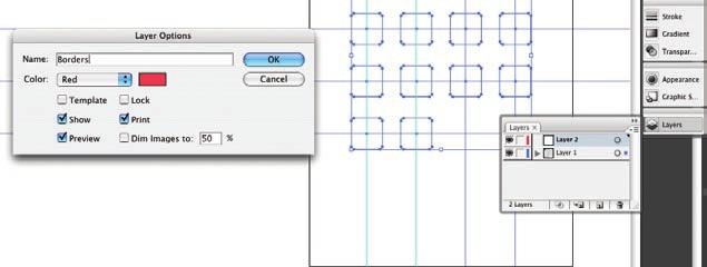 4. In the Layer Options dialog box, type Borders in the Name field. This color swatch matches the one in the Layers panel.