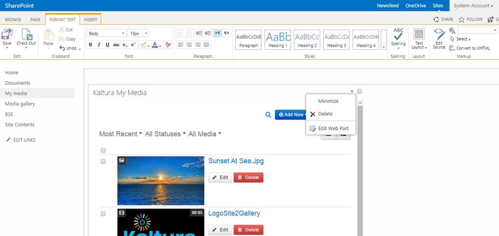 S E C T I ON 3 Cnfiguring Kaltura Views (Widgets) Targeted fr - Site designers and members Applicable fr - SharePint Online fr MS Office 365 Descriptin Use t cnfigure a Kaltura widget (Kaltura