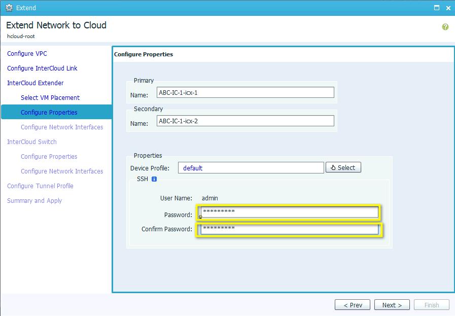 Figure 18. Configure InterCloud Extender - Configure Properties Configure the password for the InterCloud Extender and modify the Device Profile if required.