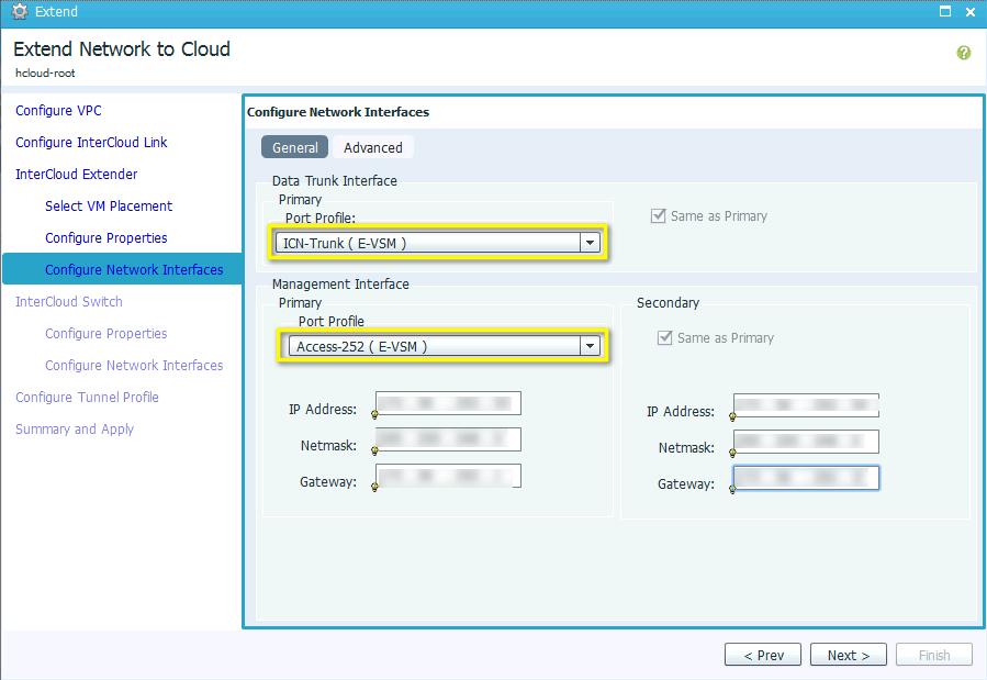 Figure 20. InterCloud Extender - Configure Network Interfaces In the Configure Network Interfaces screen, do the following: a. Select a port-profile for the Data Trunk interface.