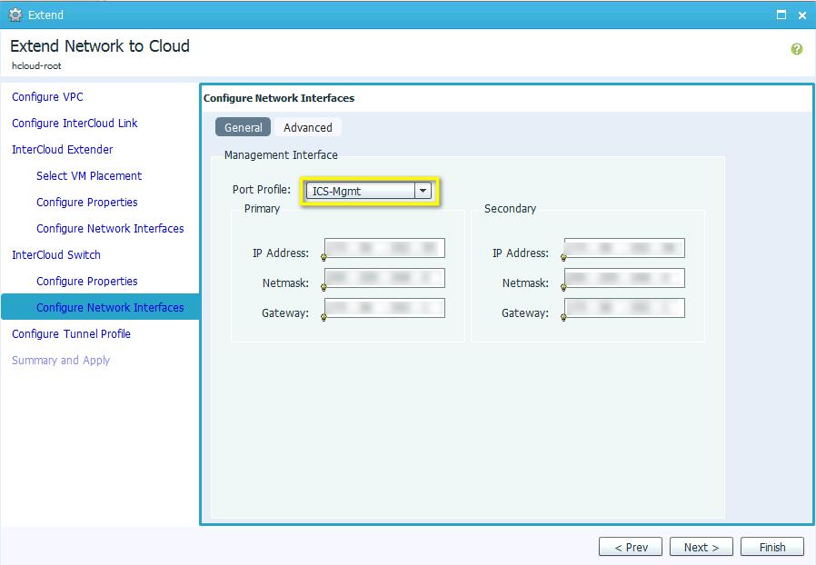 Figure 23. InterCloud Switch - Configure Network Interfaces In the Configure Network Interfaces screen, do the following: a. Select a port-profile for the Management interface.