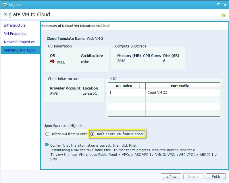 Figure 34. Migrate VM Summary and Apply In this example we will not delete the VM from vcenter. Click Finish to start the Migration.