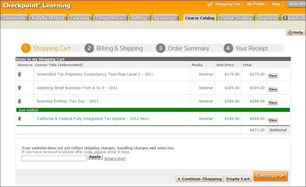 For example: 2. Click the Continue button to confirm the course order. The Step 2 Billing & Shipping page is displayed. 3.