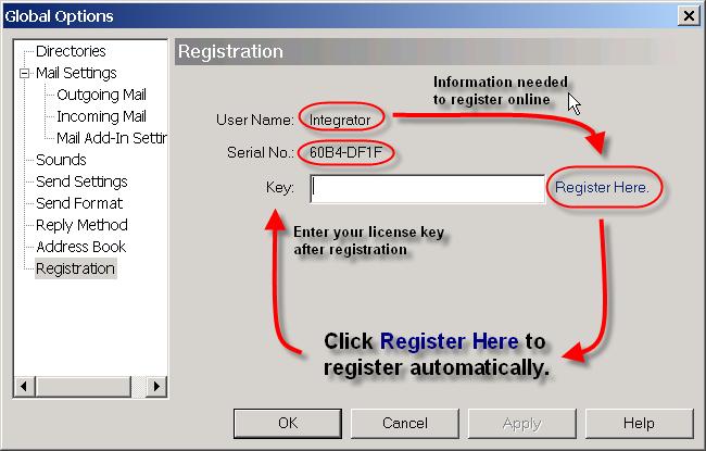 If you would like to register manually, please follow the instructions below: First, you need to provide your user name and disk serial number as it appears on the registration tab.